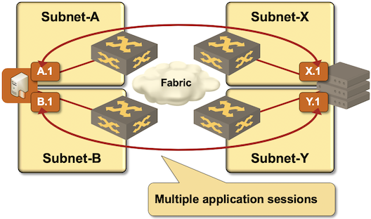 Redundant client-server application sessions established across multiple subnets